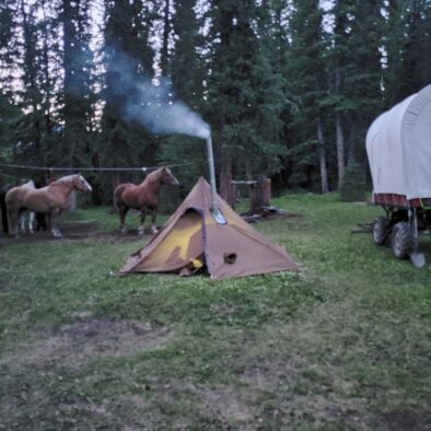Camp site with wagon and horses